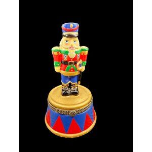 Nutcracker Hinged Trinket Box Ceramic Collectible Toy Soldier on Drum 4.5” T